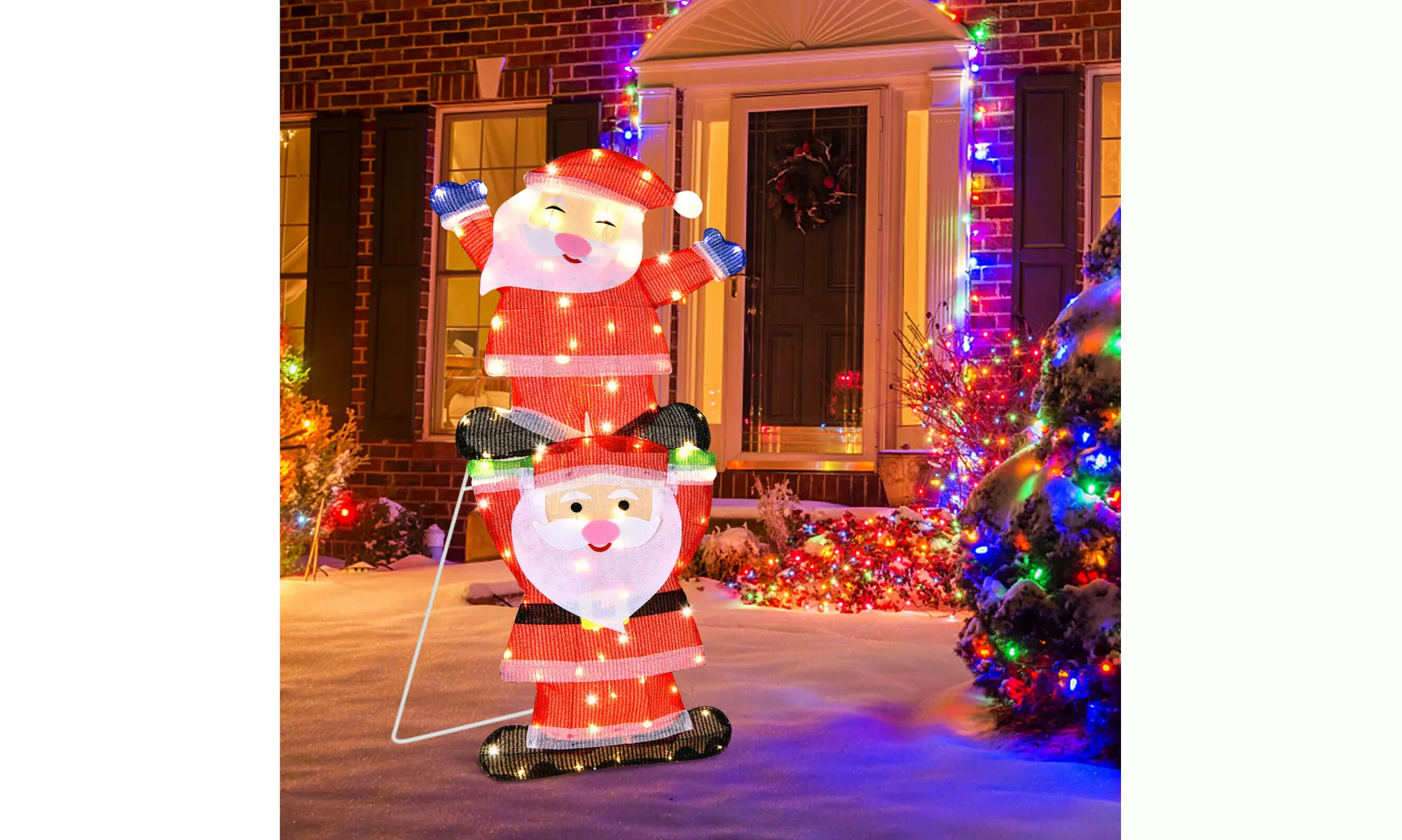 LED Double Santa Yard Sign Santa Christmas Decoration W/ String Lights & Stakes