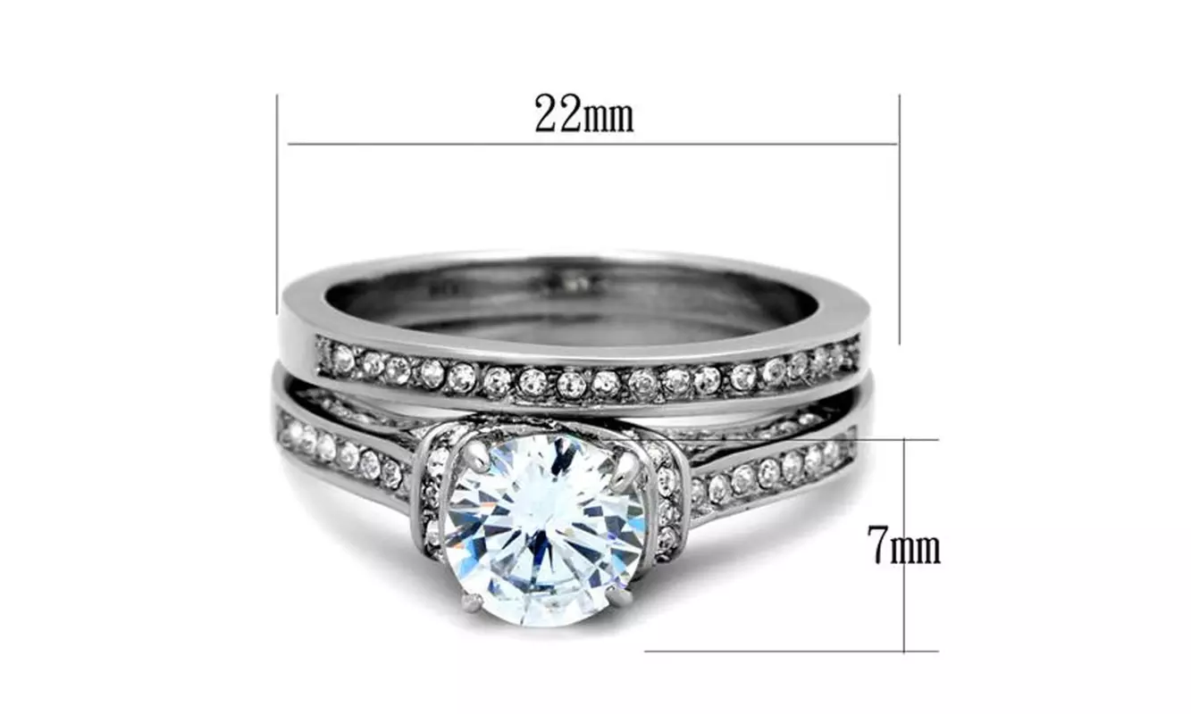 His & Hers Stainless Steel 3 Piece Cz Wedding Ring Set and Eternity Wedding Band