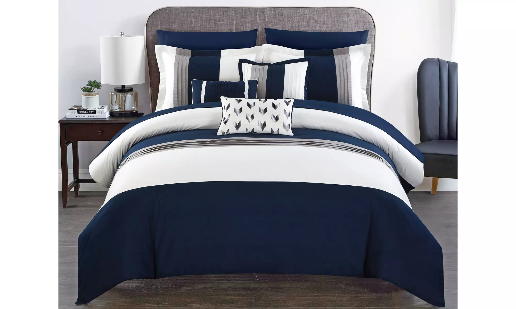 Anara 10 or 8 Piece Comforter Set Color Block Ruffled - includes Sheet - Primary Image