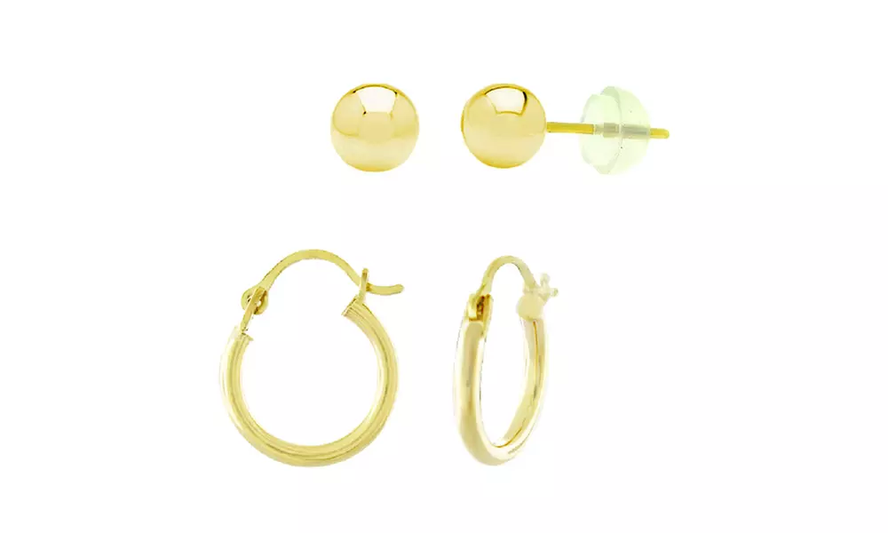 Kids' 14K Gold Ball Studs and Hoop Earrings (2 Pairs) - Primary Image