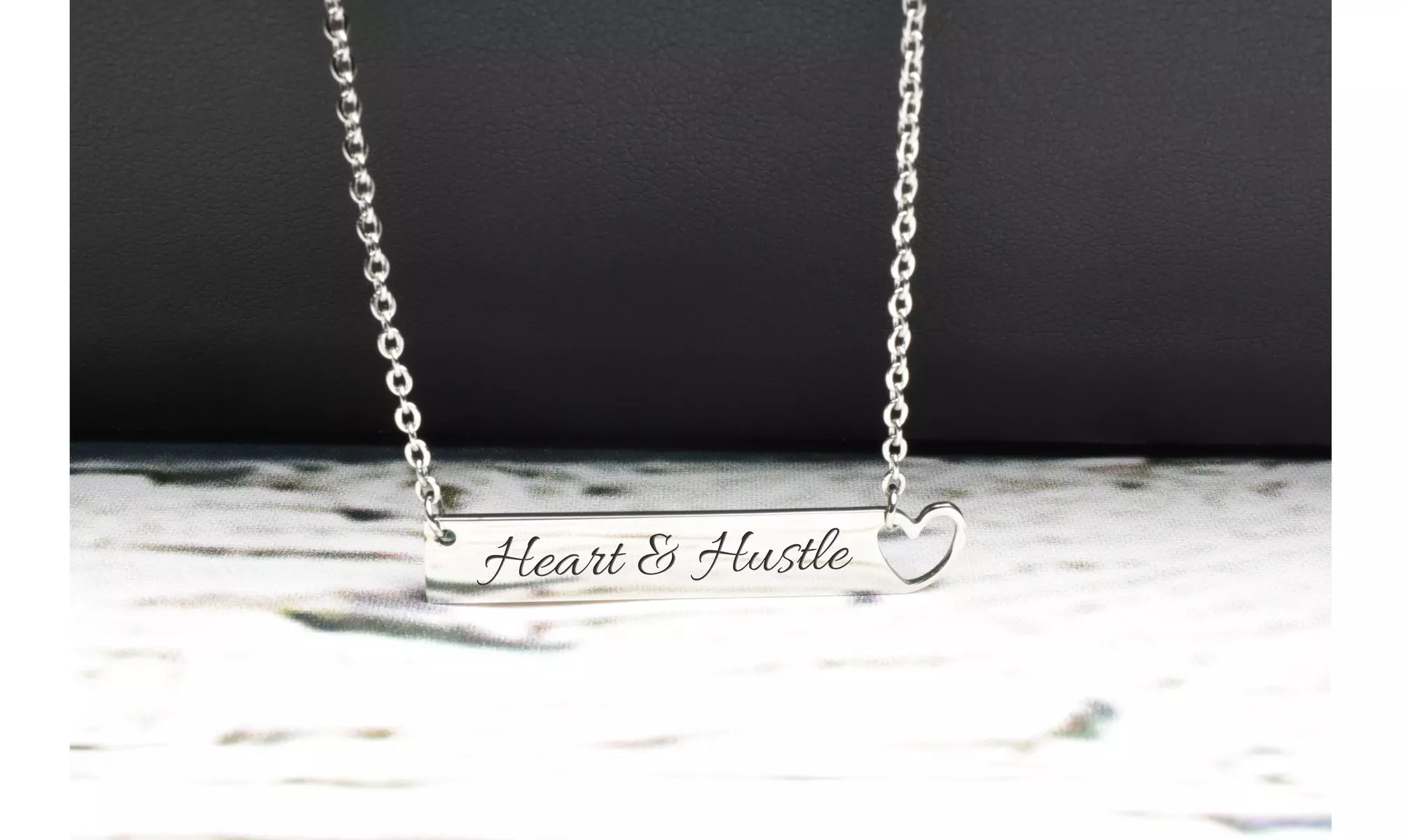 Inspirational horizontal heart cutout bar necklace by Pink Box - Primary Image