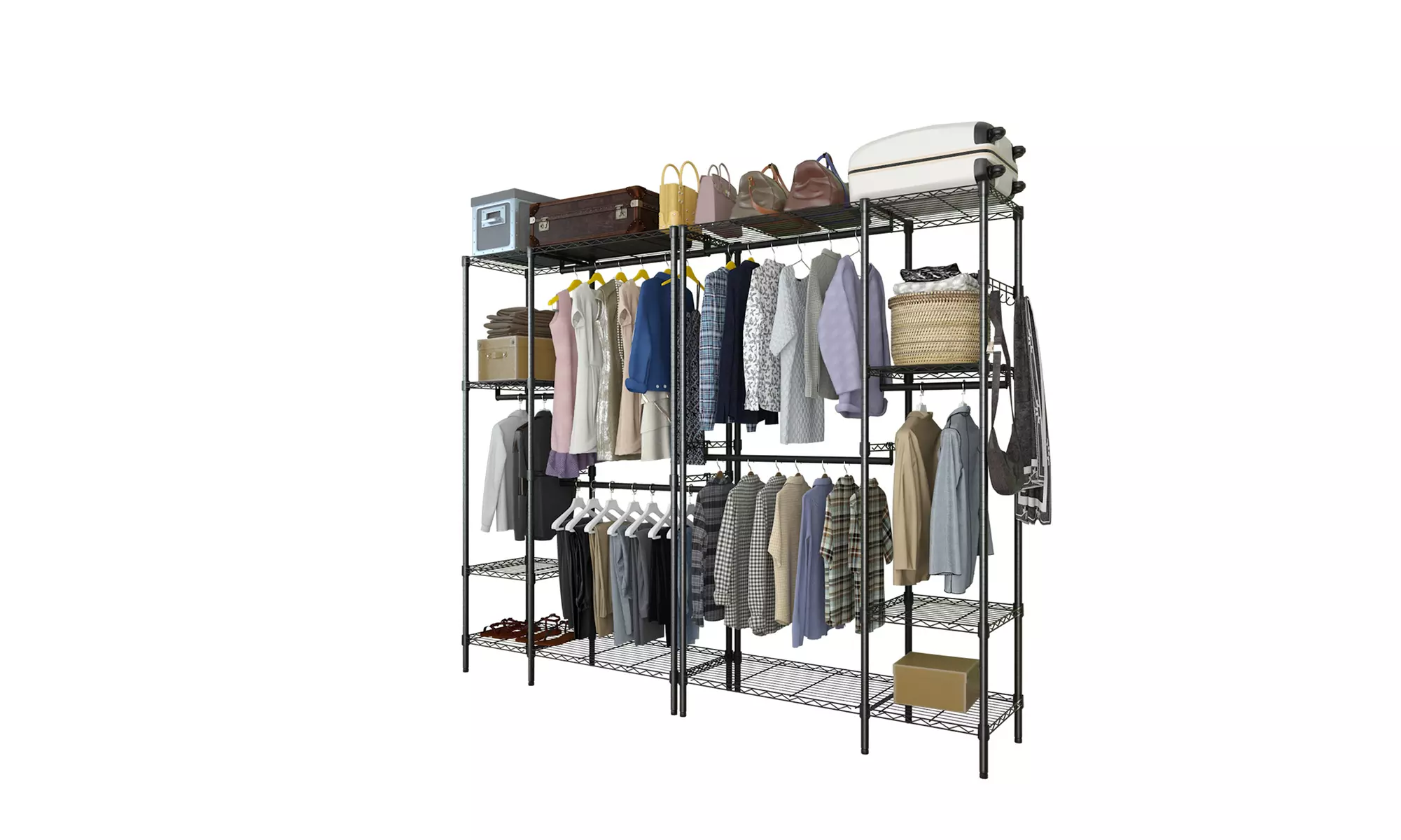 91" L Wire Garment Rack Clothes Rack with 6 Hanger Rods and 8 Shelves Black