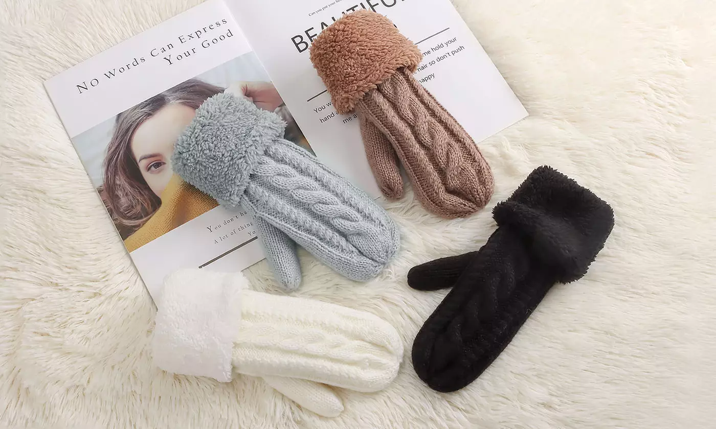 Women's Cozy Winter Knit Mitten Gloves With Fleece Lining - Primary Image
