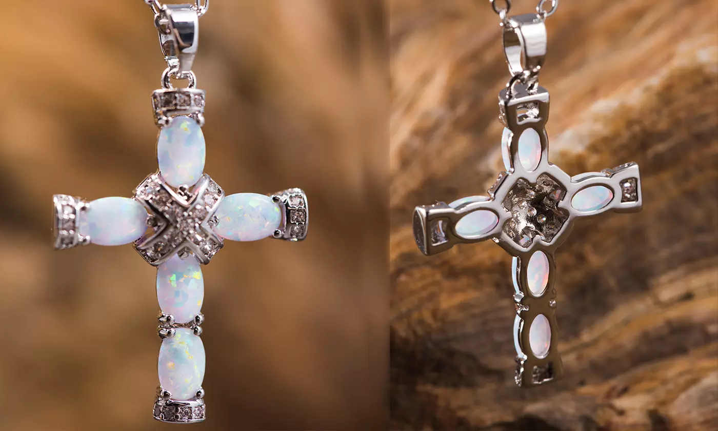 Genuine Rhodium Plated White Fire Opal Fancy Cross Necklace