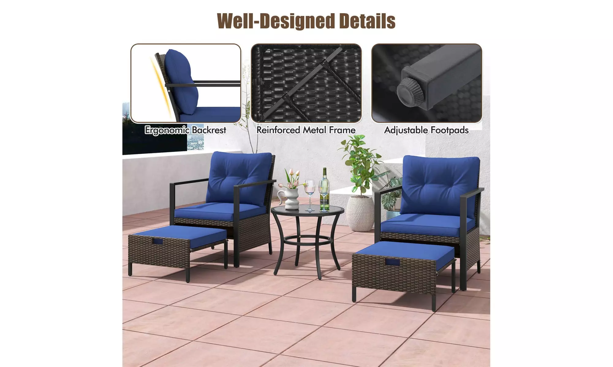 Costway 5 PCS Outdoor Furniture Set Rattan Chairs & Ottomans with Coffee Table