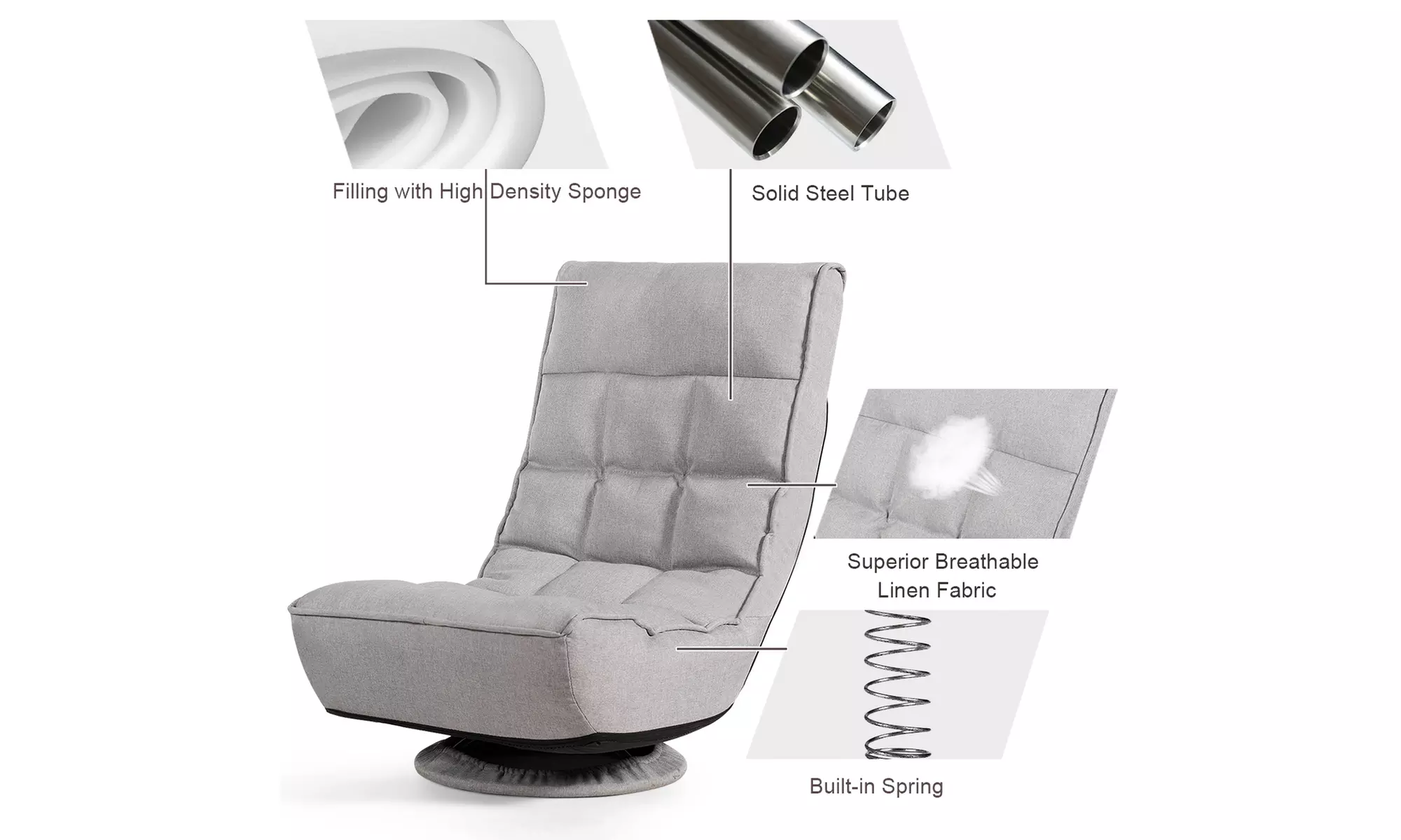 Folding Game Chair Floor Lazy Sofa 4-Position Adjustable 360 Degree Swivel Gray