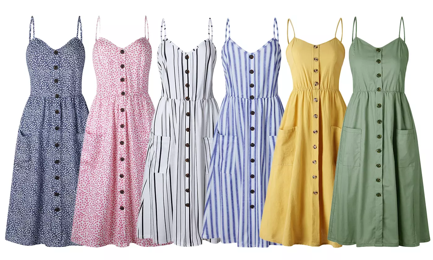 Womens Floral Summer Dress Spaghetti Straps Pocket Sundress Beach Midi Dress