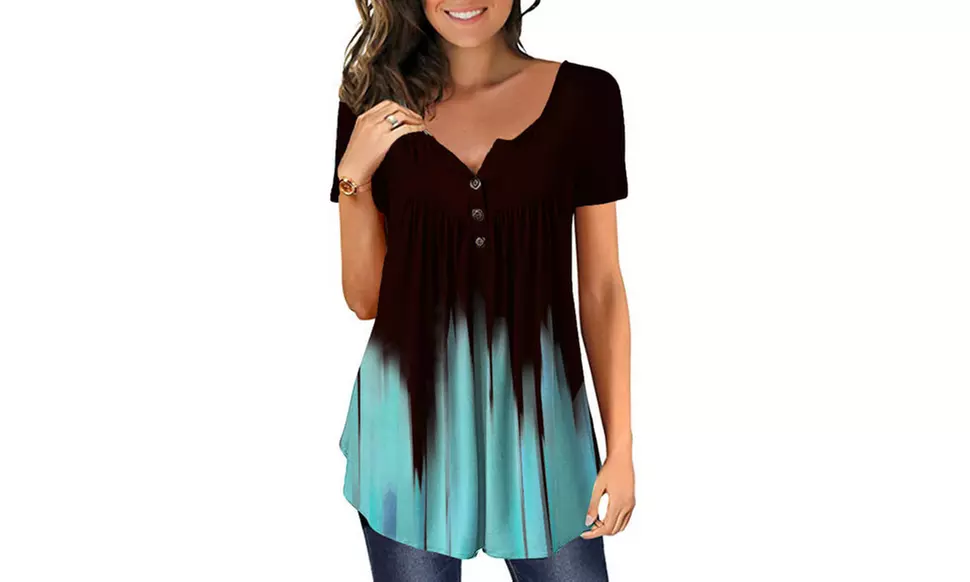 Women's Button Up Pleated Front Summer Short Sleeves Casual Tops Tunic Shirts 