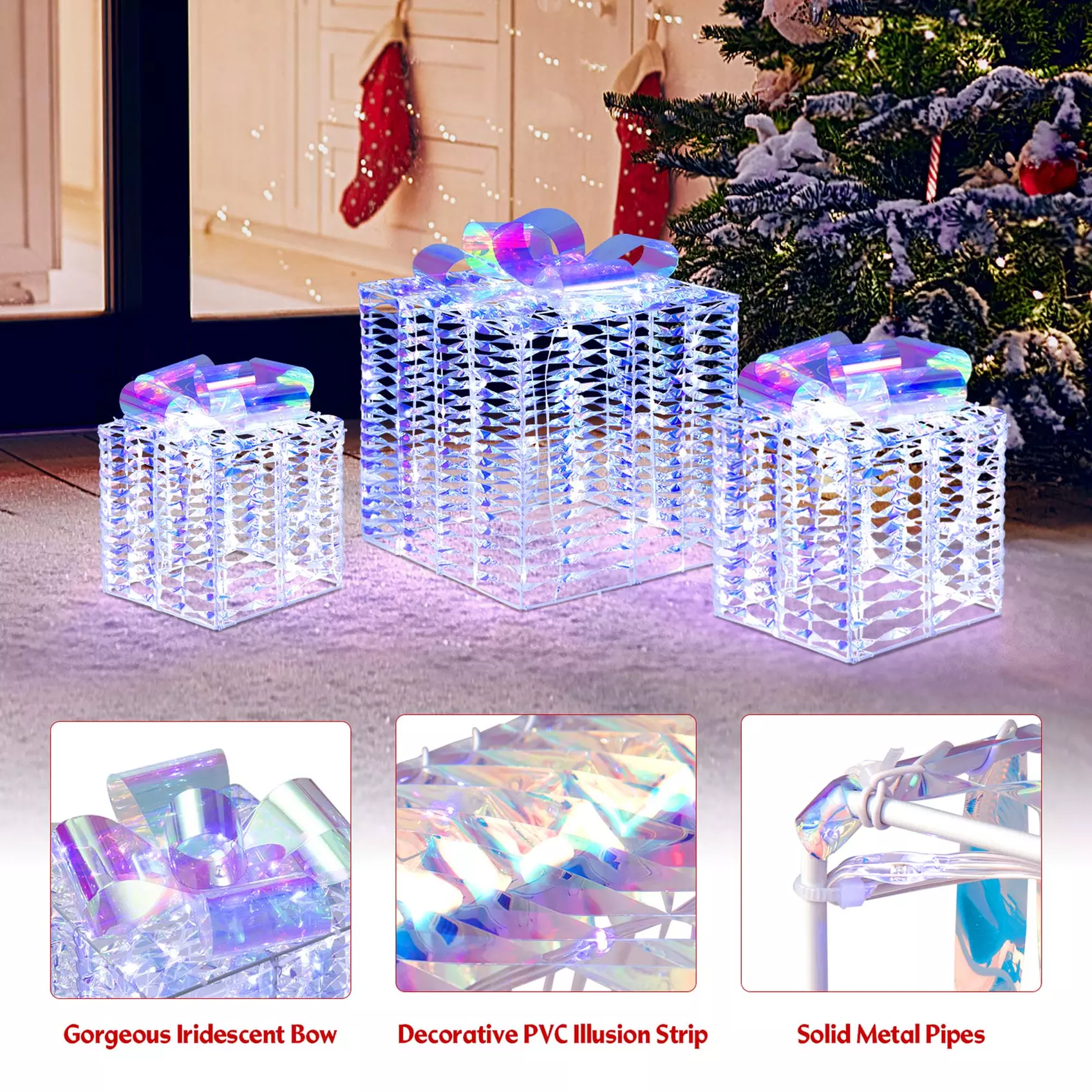 Costway 3 Sets Iridescent Christmas Gift Box LED Lighted Present Box Decor Yard