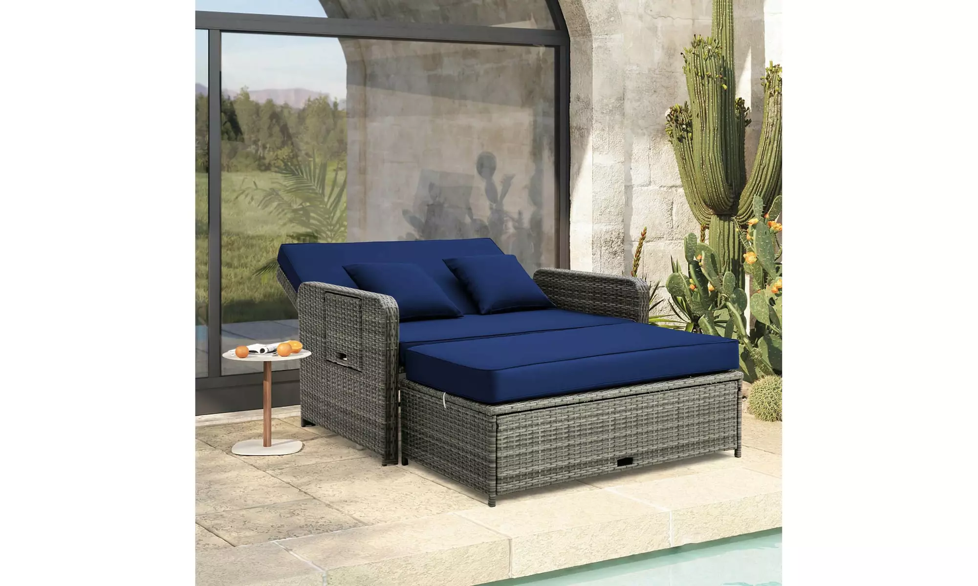  Costway Wicker Loveseat Sofa Set Patio Rattan Daybed with Ottoman & Side Tray