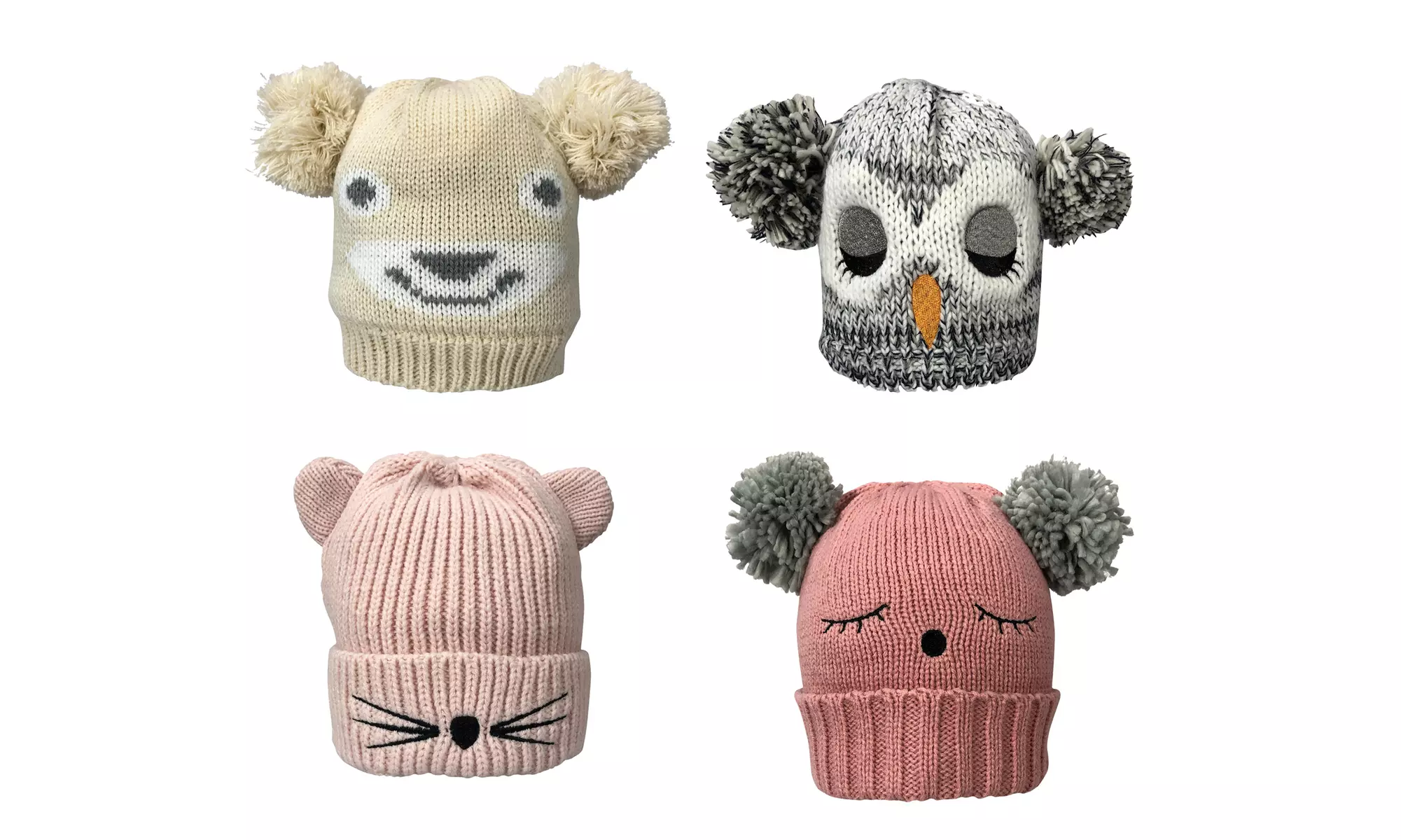 Kid's Unisex Pom Pom Ears Sherpa Fur Lined Soft Knitted Beanie Hat-2-7 yrs - Primary Image