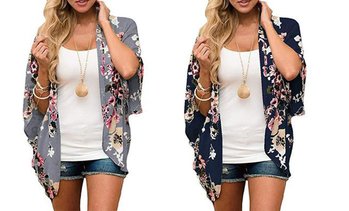 New Women Floral Kimono Loose Half Sleeve Shawl Chiffon Casual Cardigan