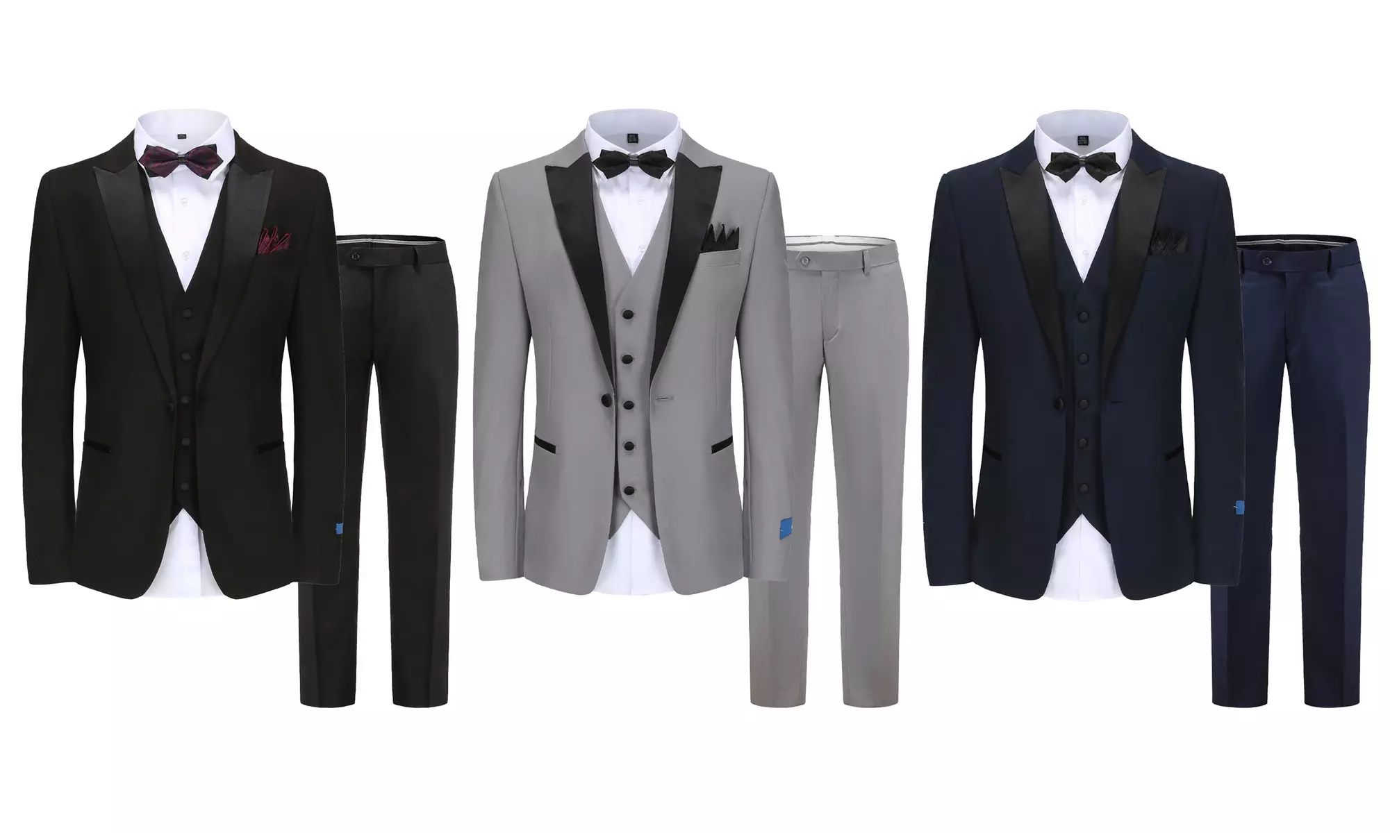 Men's Slim-Fit 3PC Satin Peak Lapel Tuxedo (Black, Navy, Grey) - Primary Image