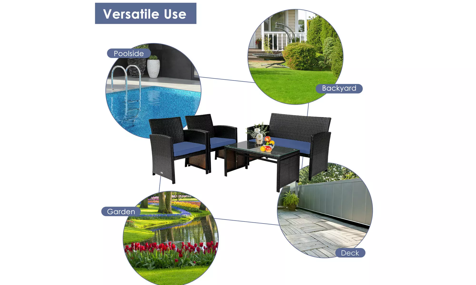 Costway 4PCS Patio Rattan Furniture Set Cushioned Chair Sofa Coffee Table Navy