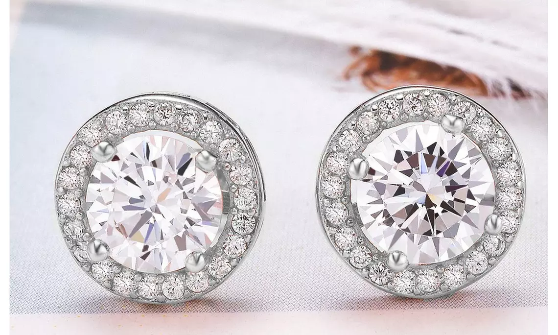 Sterling Silver Cubic Zirconia Classic Halo Stud Earrings