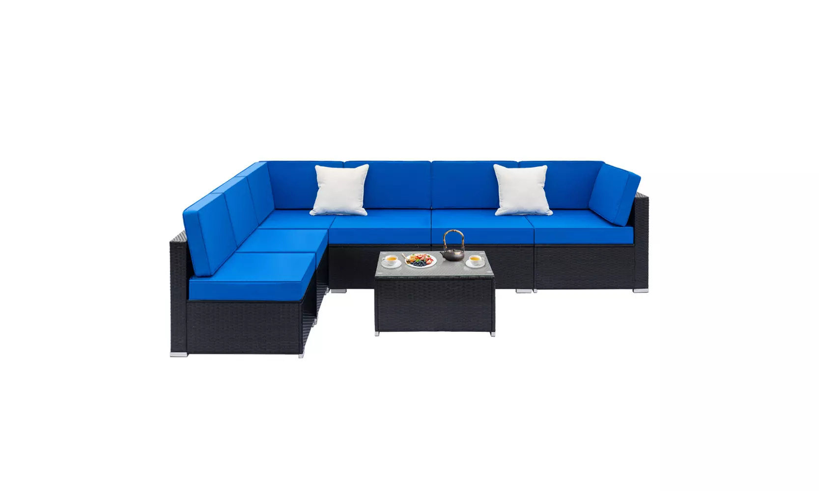 7PCS Furniture Sectional PE Rattan Patio Rattan Sofa Set with Blue Cushions - Second Medium