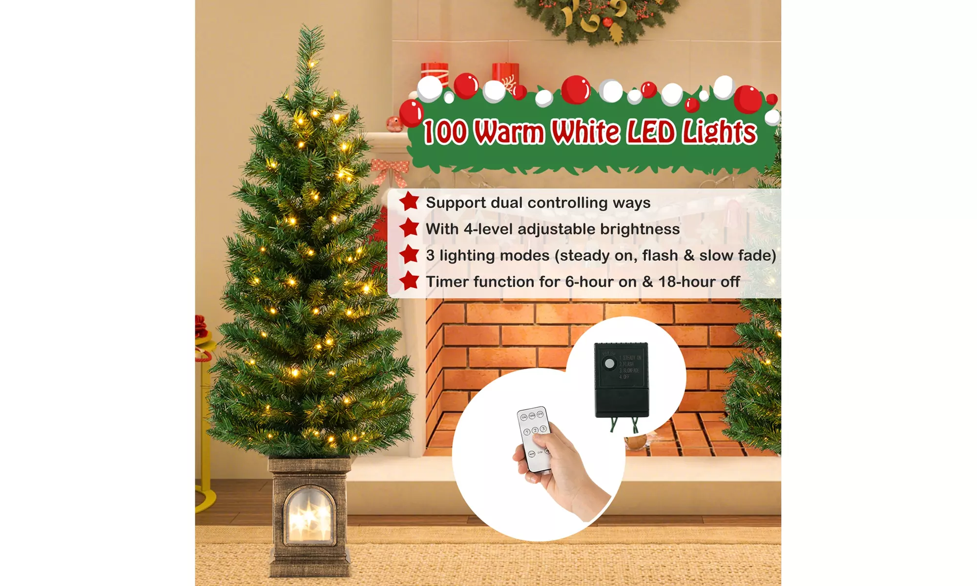 Costway 4 FT Pre-Lit Potted Christmas Tree Artificial Decor 3 Lighting Modes