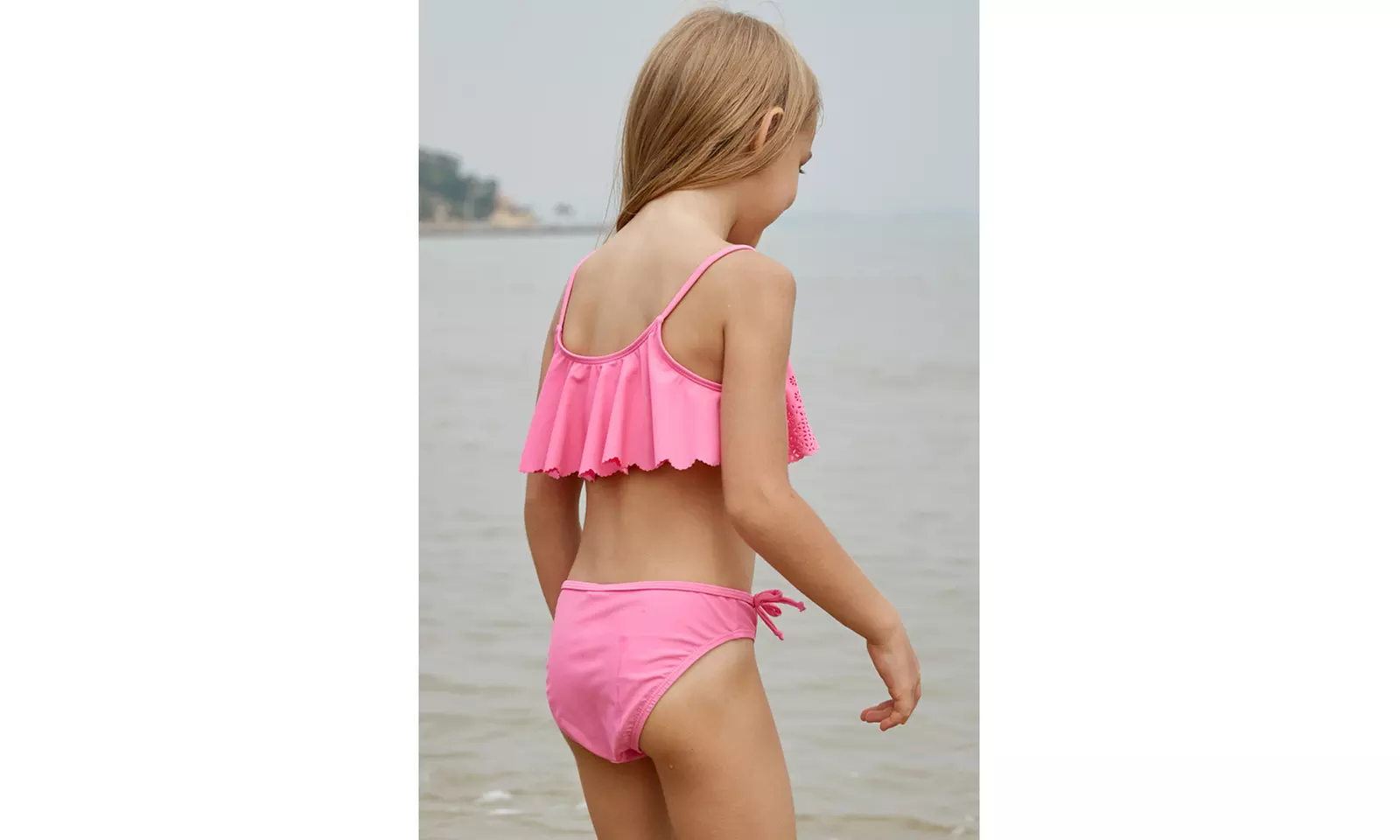Pink Hollow-out Ruffles Overlay Girls Bikini Set - Primary Image