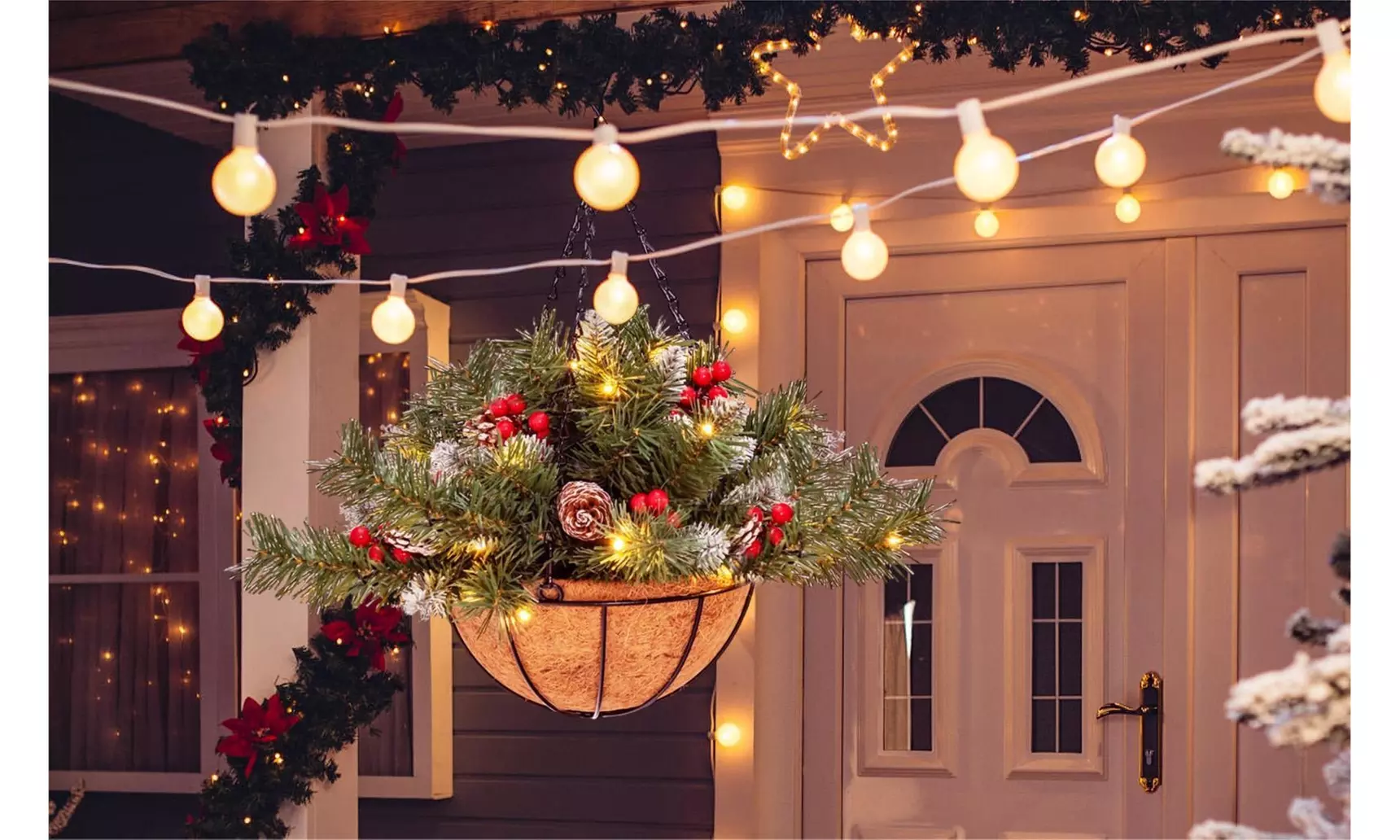 Costway Pre-Lit Artificial Christmas Hanging Basket Pine Cones Red Berries - Primary Image