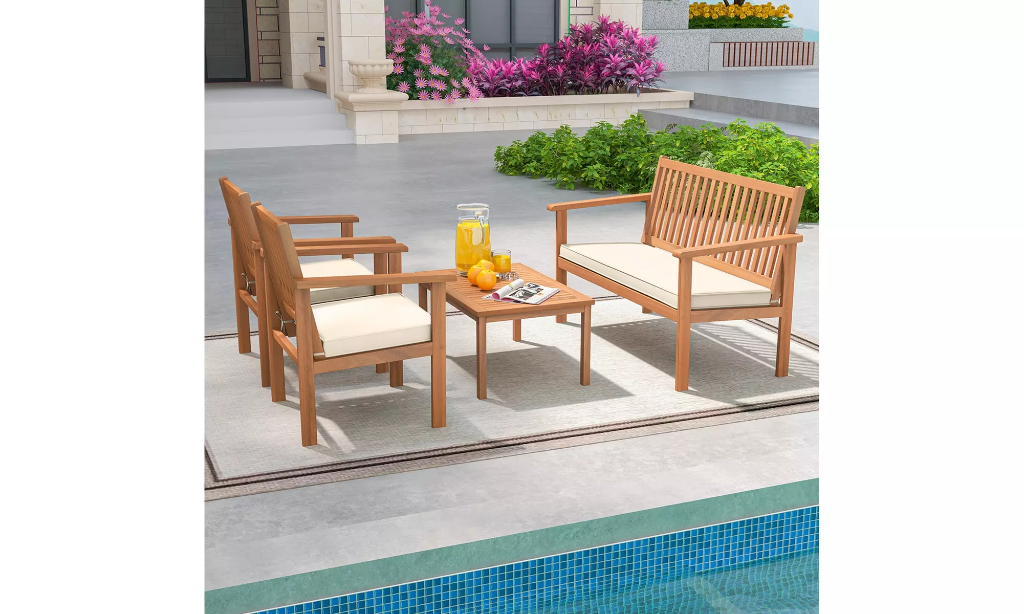 Costway 4 PCS Patio Wood Furniture Set with Loveseat, 2 Chairs & Coffee Table