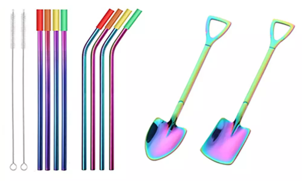Reusable Metal Stainless Steel Straw & 2pcs Shovel Shape Spoon - Primary Image