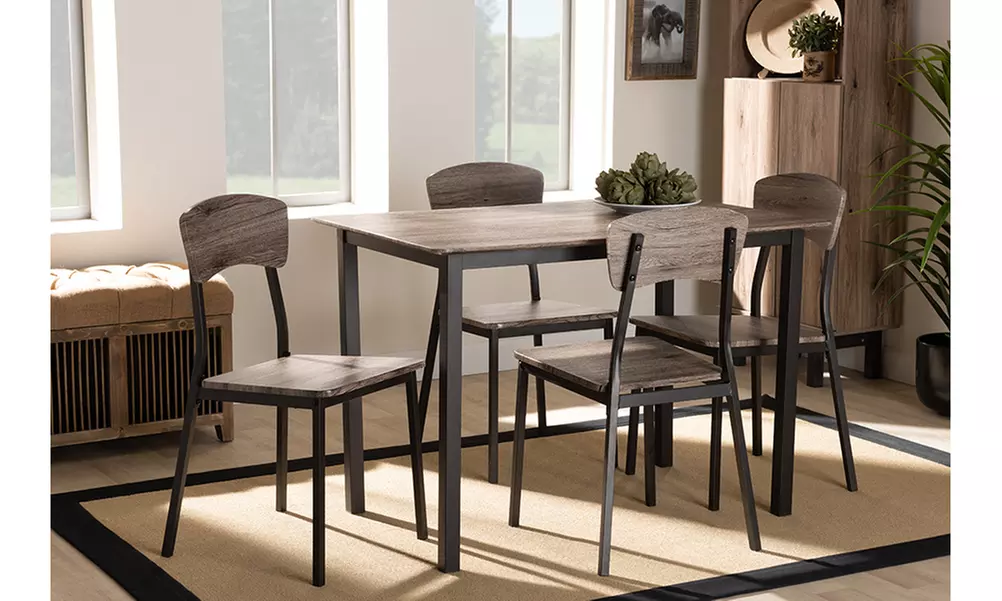 Marcus Black Metal and Rustic Oak Brown Wood 5-Piece Dining Set - Primary Image