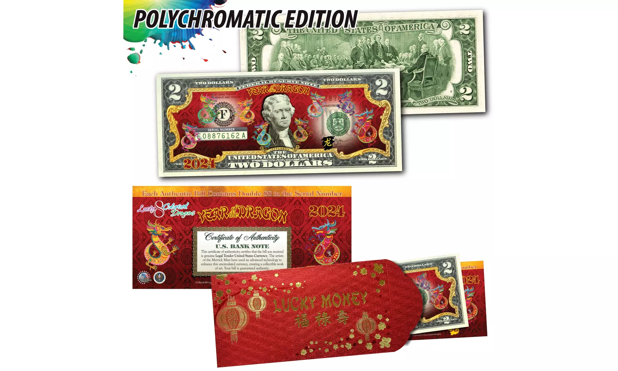 2024 Chinese New Year 8 Polychrome Dragons 2 Dollar Bill w/Red Envelope - Primary Image