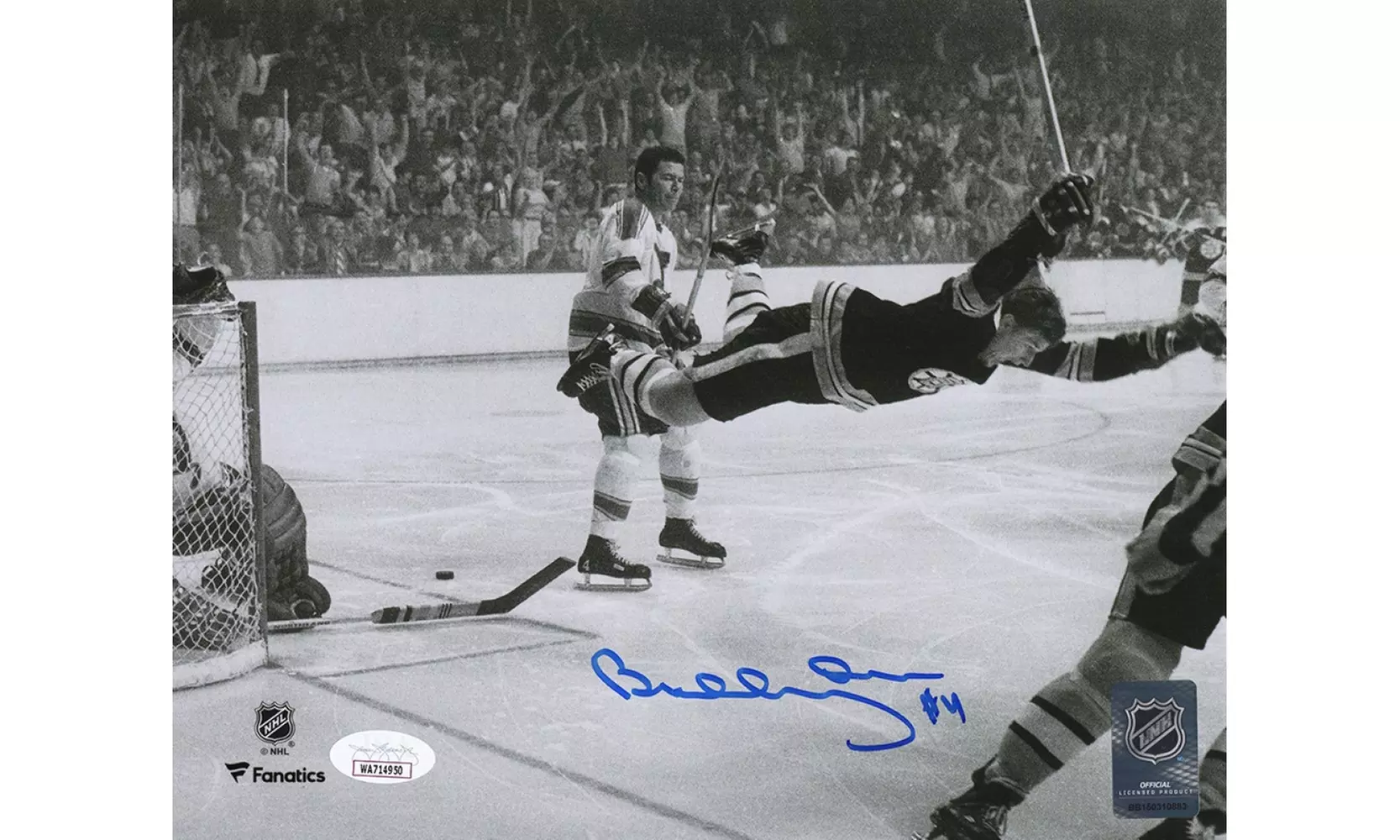 Bobby Orr Signed Boston Bruins Flying Goal B&W 8x10 Photo - (JSA) - Primary Image