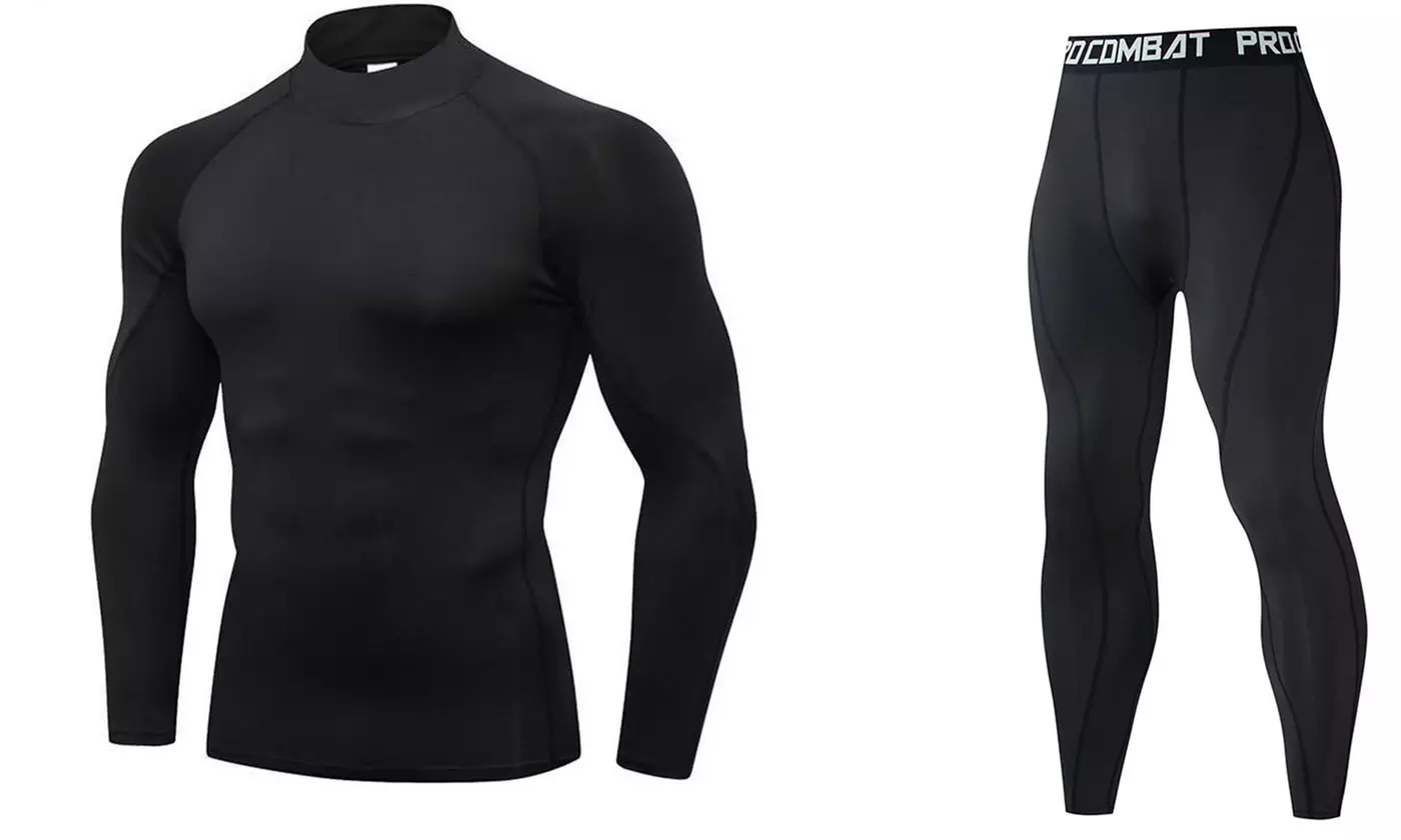 Mens Workout Compression Set Pants & Long Sleeve Shirts Base Layer Active Set