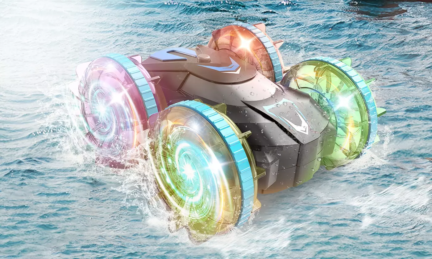 iMounTEK Amphibious RC Stunt Car with Lights & 360-Degree Rotation Off-Road Fun