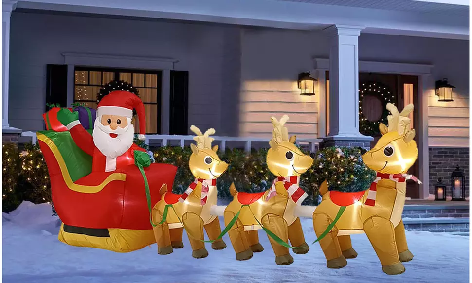10ft Christmas LED Inflatable Santa Sleigh & Reindeers - Primary Image
