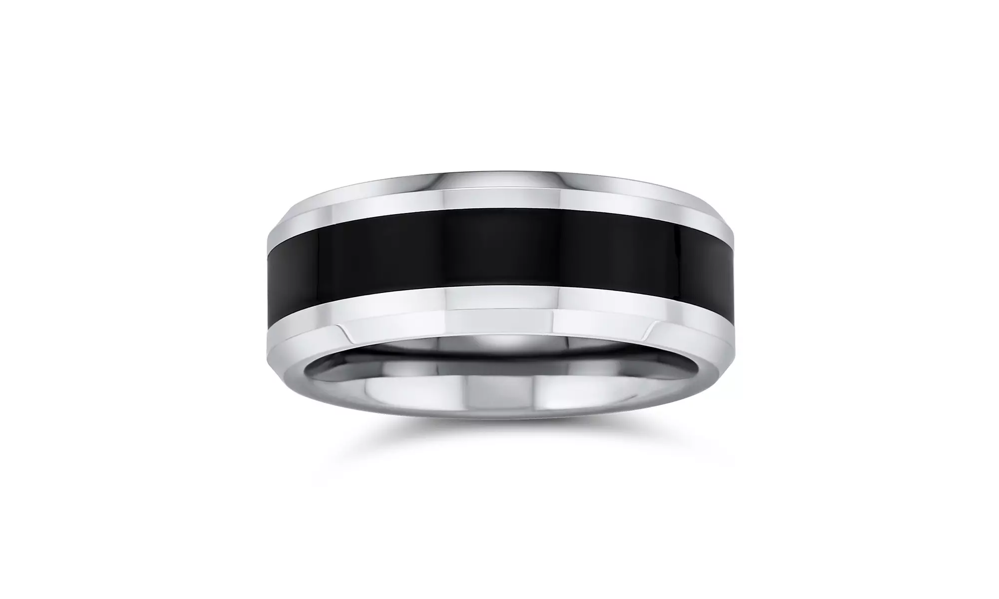 Two Tone Black Couples Wedding Band Titanium Ring Beveled Edge 8MM - Second Medium