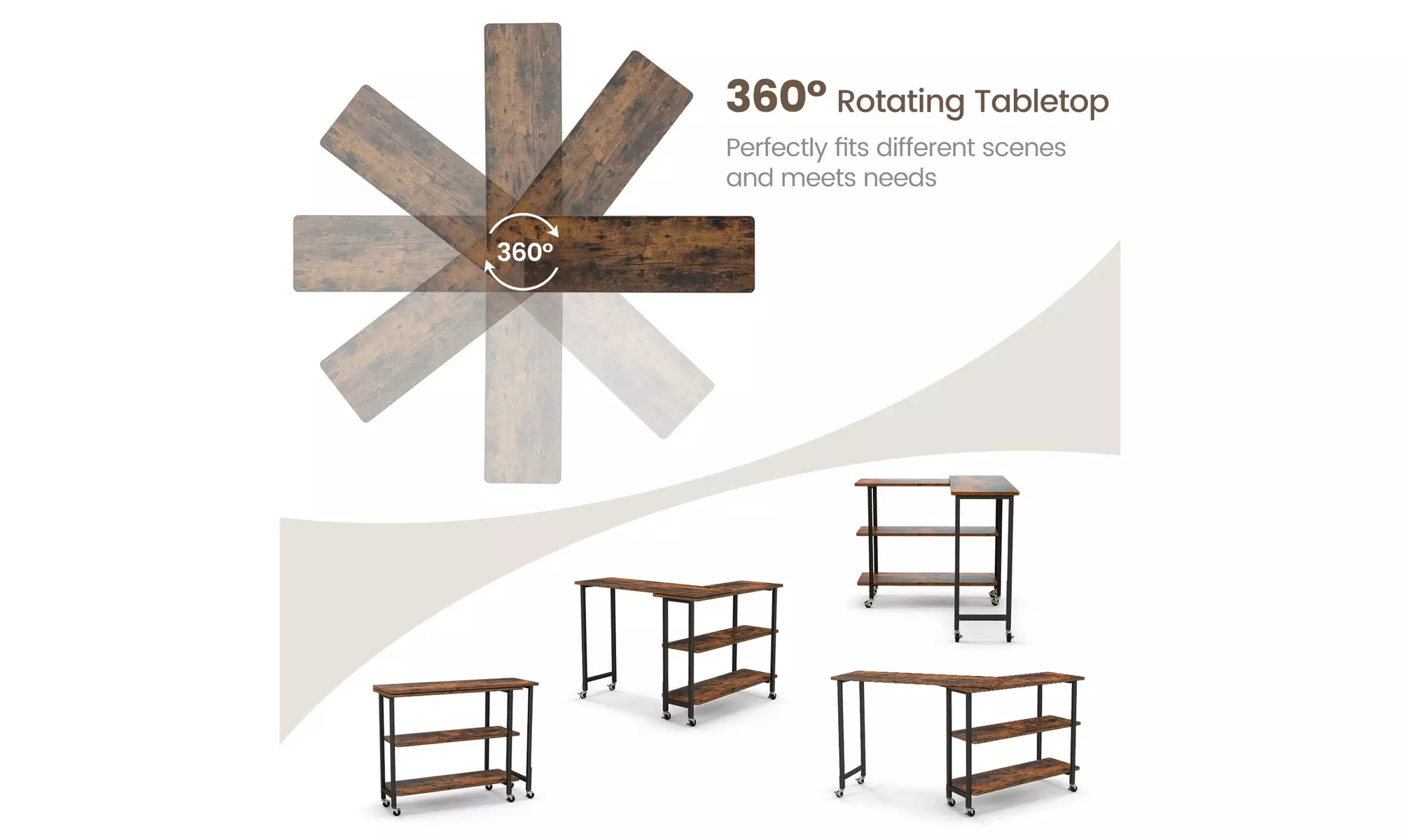 Costway 360-degree Rotating L-Shaped Sofa Side Table with Shelf