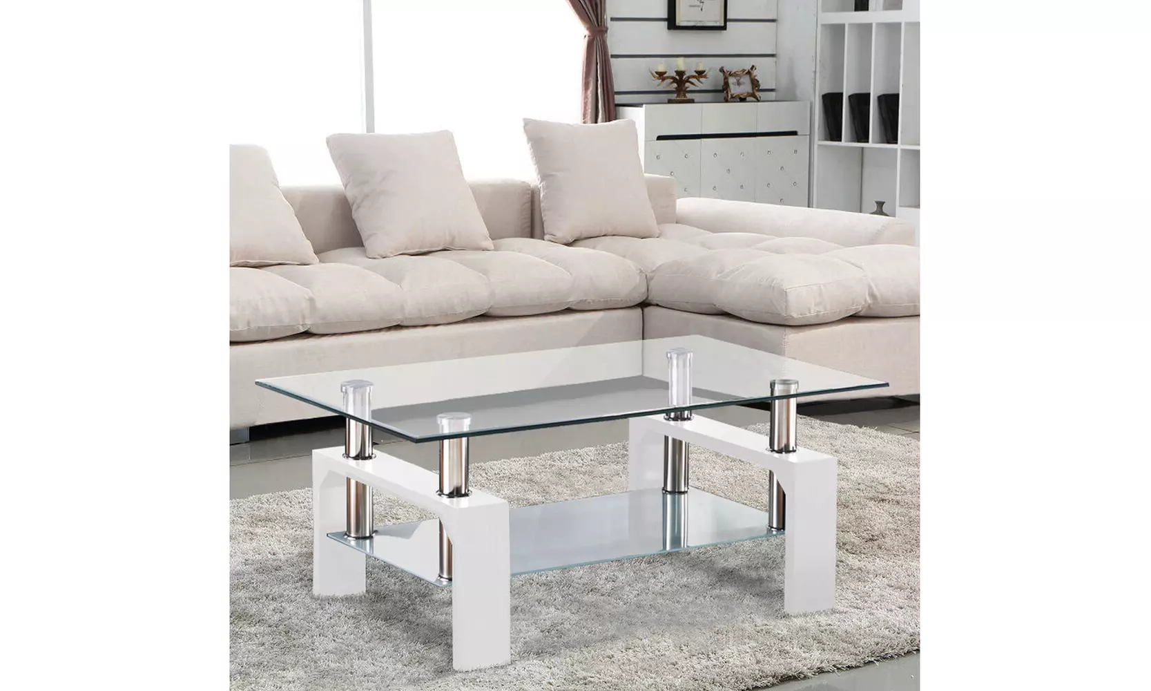 Modern Glass Coffee Table Rectangular w/ Shelf White Leg Living Room Furniture - Primary Image