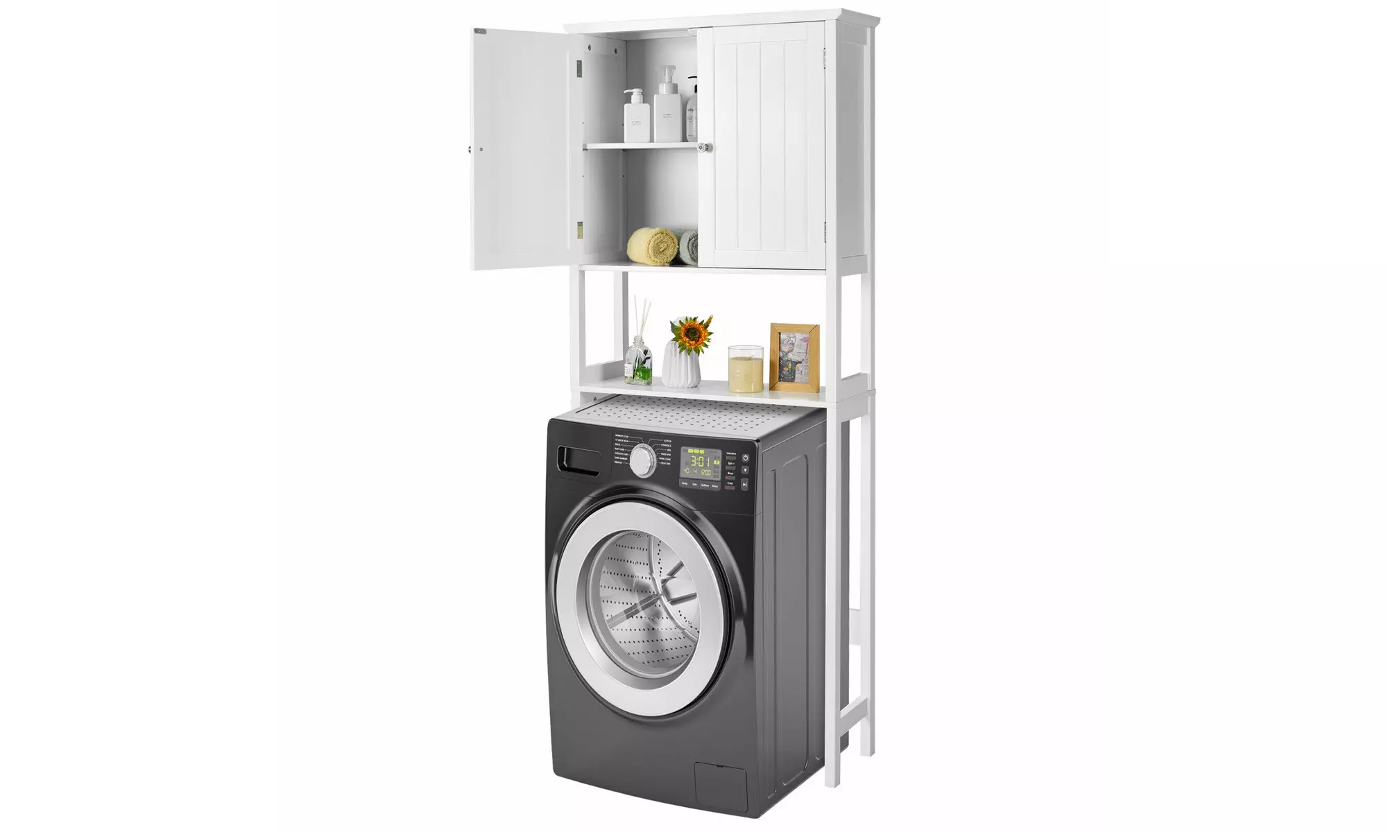 Over The Toilet Storage Cabinet Double Door Bathroom Organizer Adjustable Shelf 