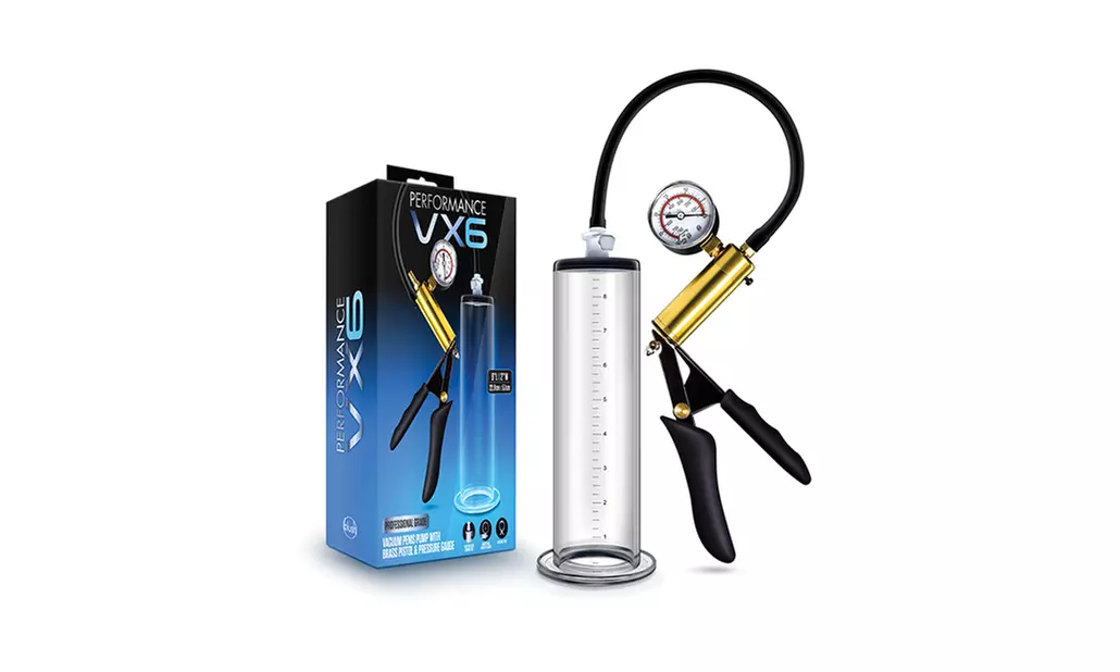 blush performance vx6 vacuum penis pump w/brass pistol pressure gauge - clear - Second Medium