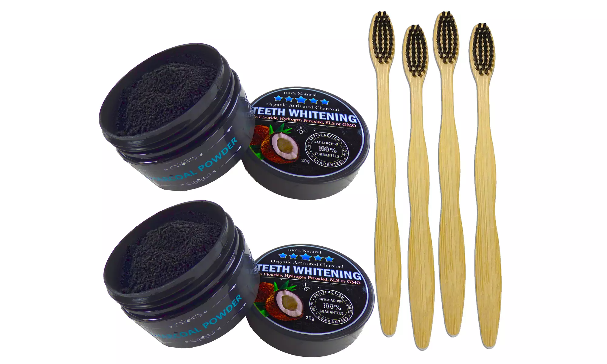 2 Charcoal Coconut Teeth Whitening Powder & 4 Bamboo Brushes - Primary Image