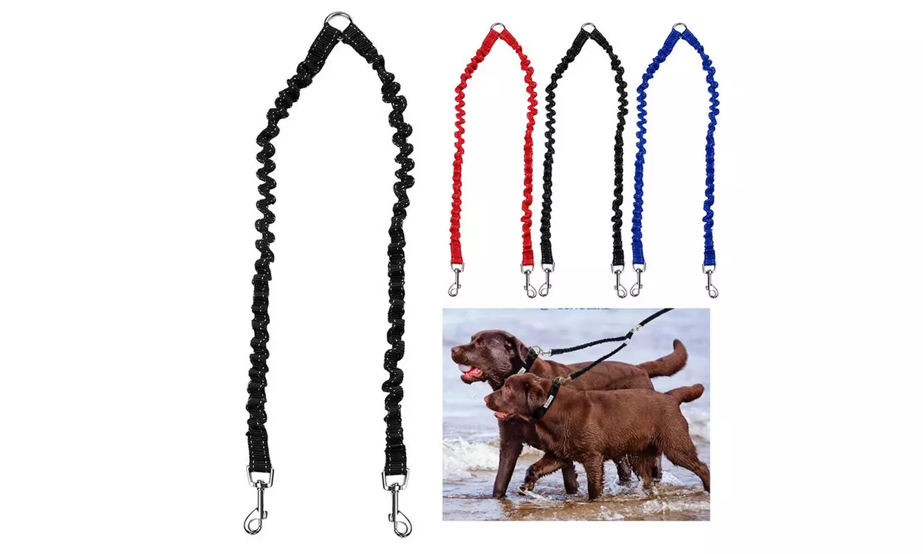Waloo Pets Double Dog Bungee Dog Leash- Black,Red or Blue