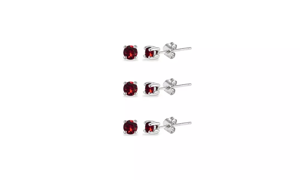 3-Pr Set Red 3mm Round Sterling Silver Stud Earrings Made w/ European Crystals - Primary Image