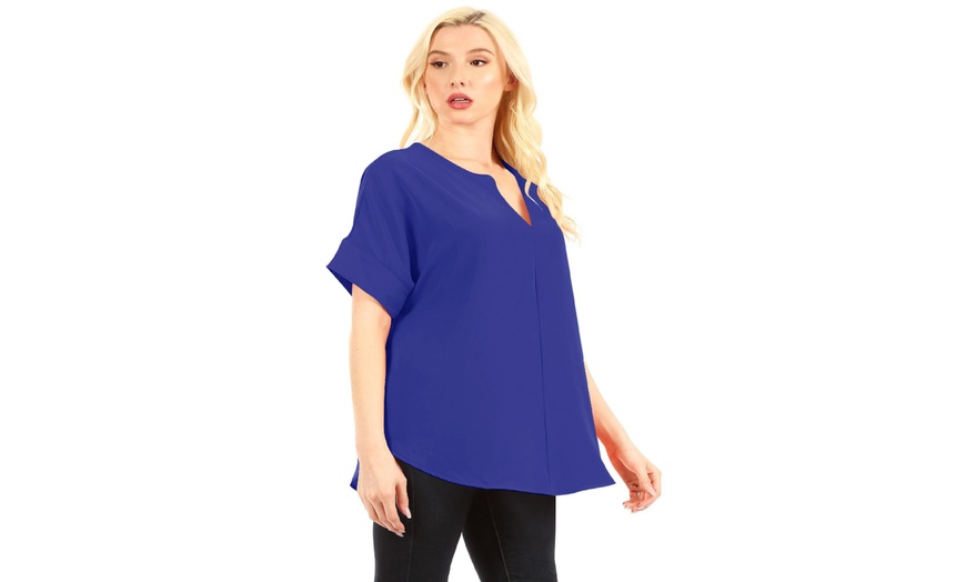 Image 2: Woven V Neck Top Short Sleeve Span Shirts Blouse