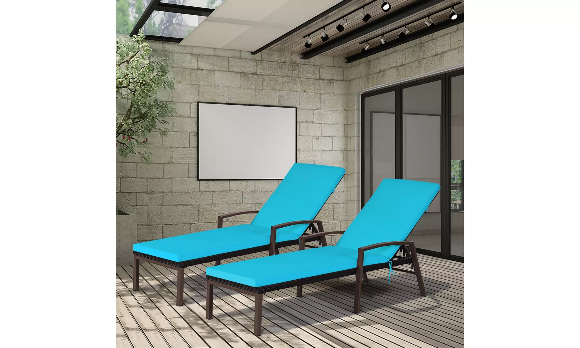 Costway 2PCS Patio Rattan Lounge Chair Chaise Recliner Back Adjustable Cushion