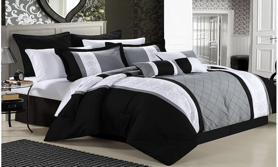 Eight-Piece Chic Home Embroidery Comforter Set, Queen/King, Livingston Black - Primary Image