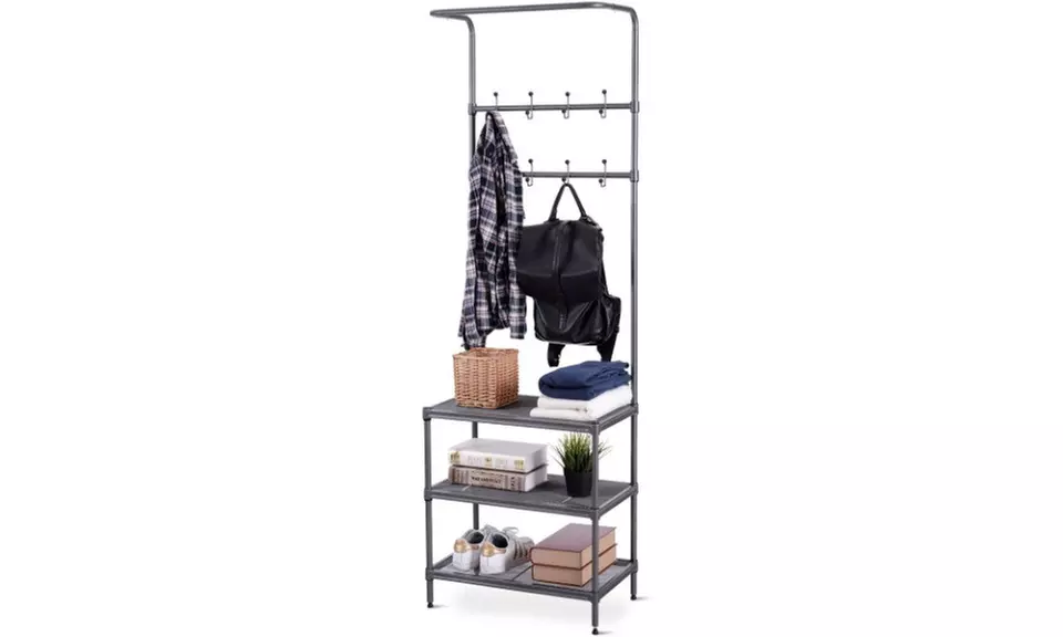 Metal Entryway Coat Hat Shoes Rack 3 Tier Storage Shelf 16 Hooks Garment Rack - Second Medium