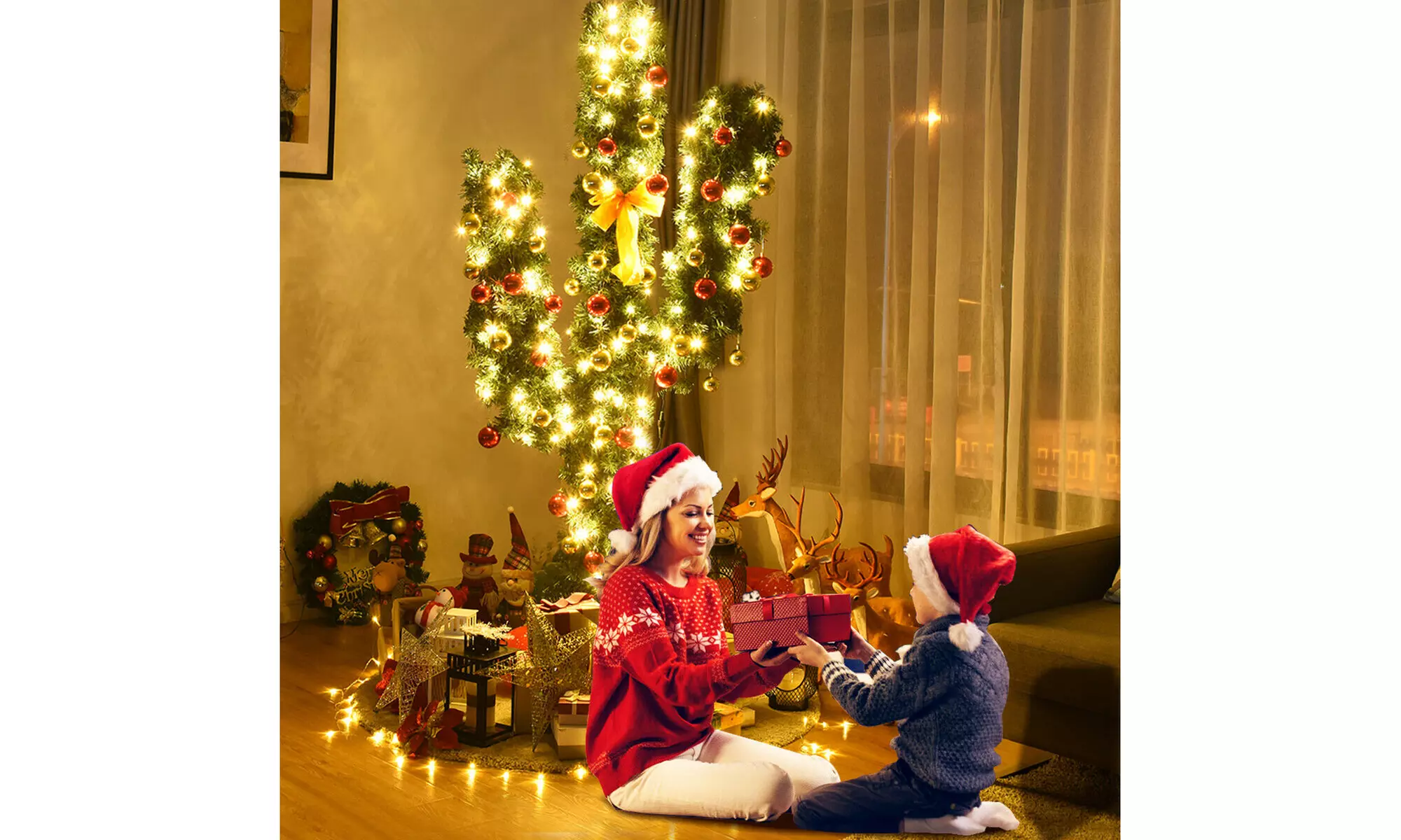 Costway 7Ft Pre-Lit Cactus Artificial Christmas Tree w/LED Lights and Ball 