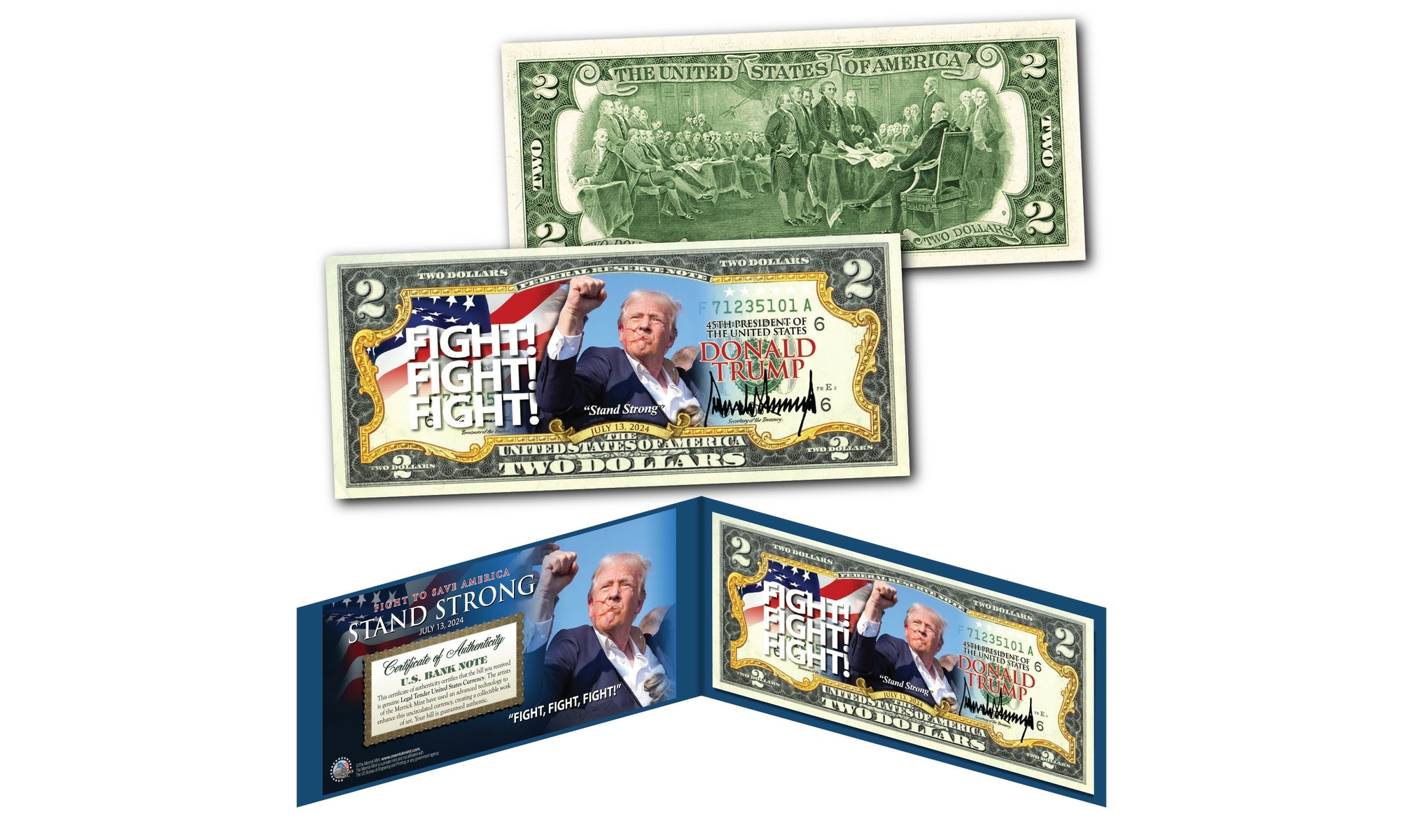 Donald Trump " FIGHT! FIGHT! FIGHT! " Official Legal Tender U.S. 2 Dollar Bill 