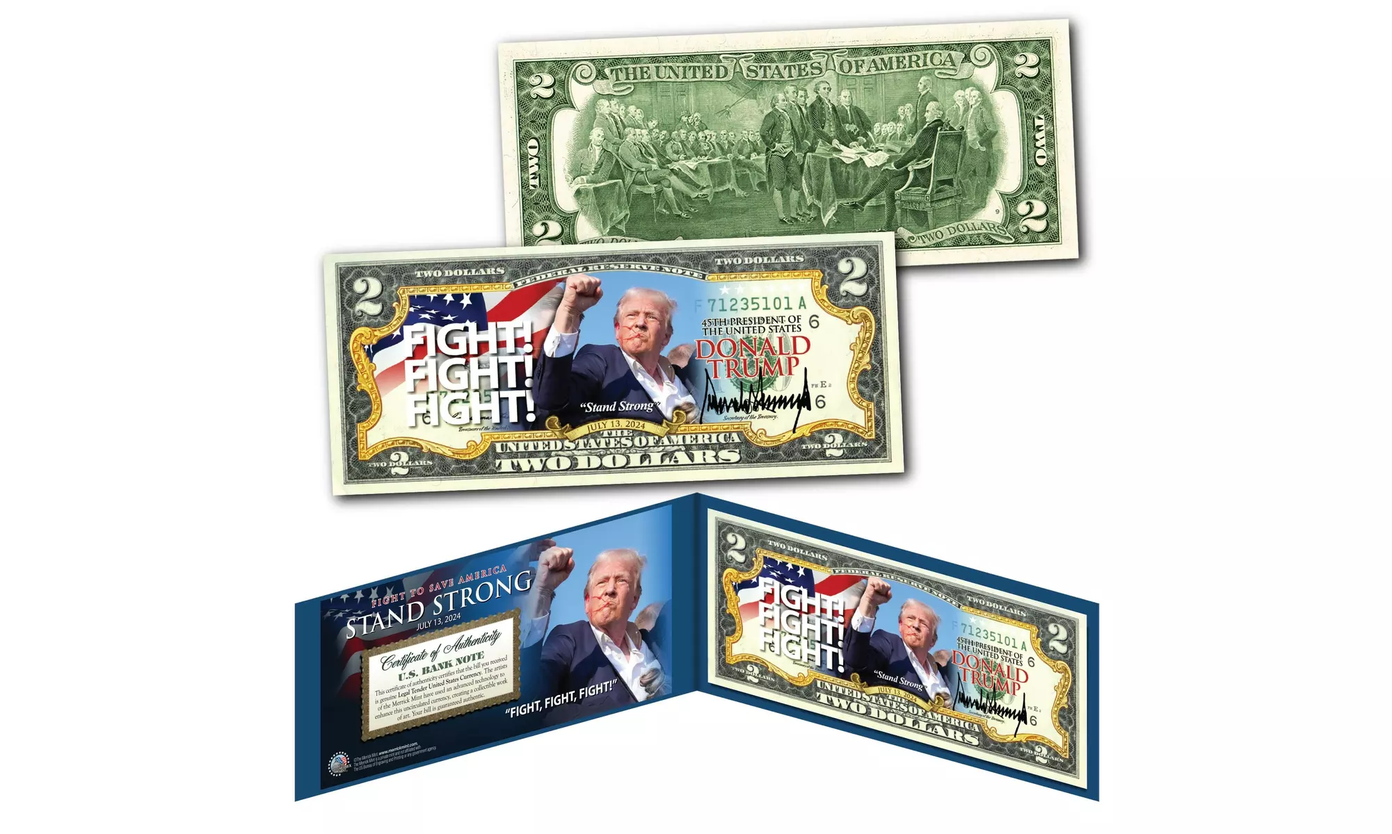 Donald Trump " FIGHT! FIGHT! FIGHT! " Official Legal Tender U.S. 2 Dollar Bill 