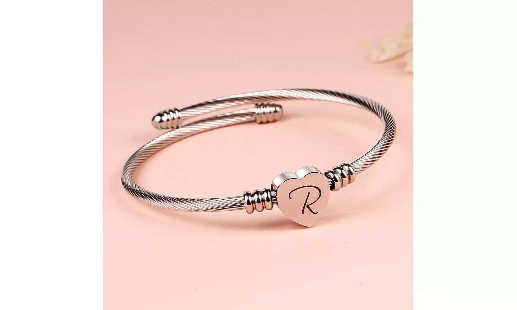 Twisted Steel Heart Cable Initial Bracelet