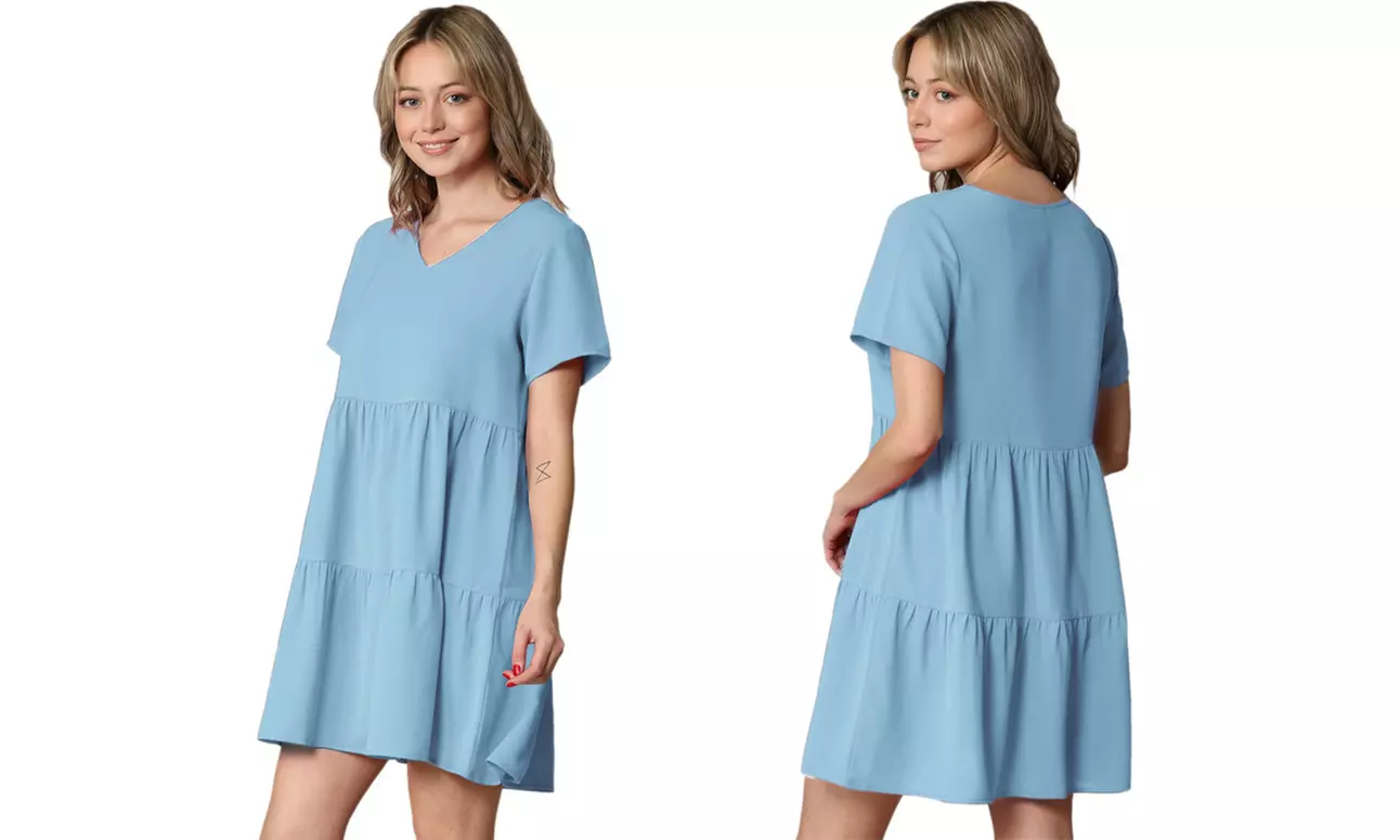Made By Johnny Casual Flowy Swing Shift Short Sleeve Tiered Dress