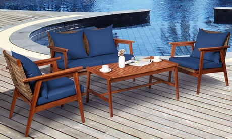 Costway 4PCS Patio Rattan Furniture Set Acacia Wood Frame Cushioned Sofa Chair Blue