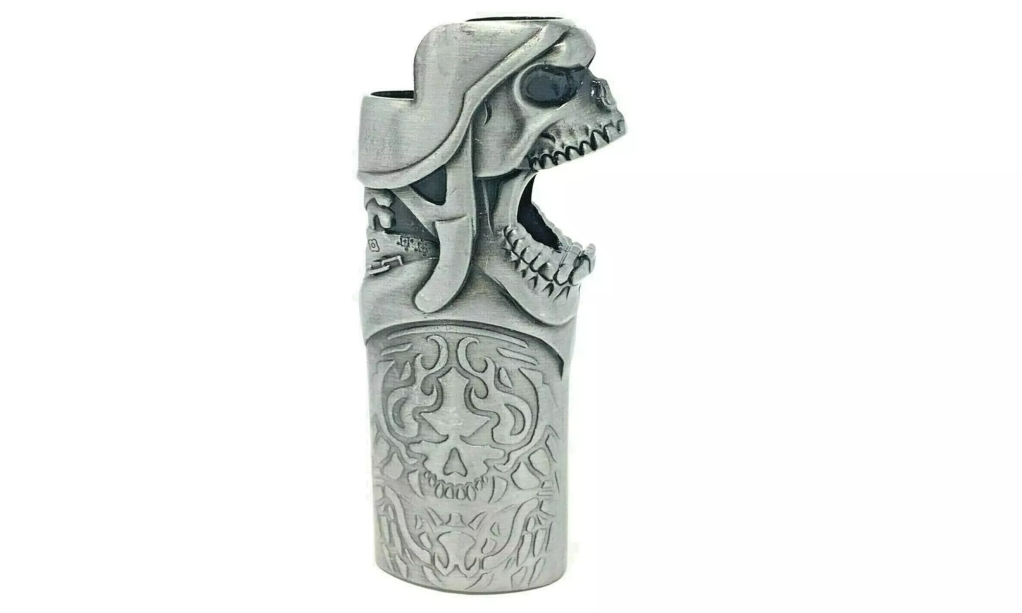 Metal Lighter Case Cover Fits Standard Bic Lighter J6 In Pilot Skull with Flame - Primary Image